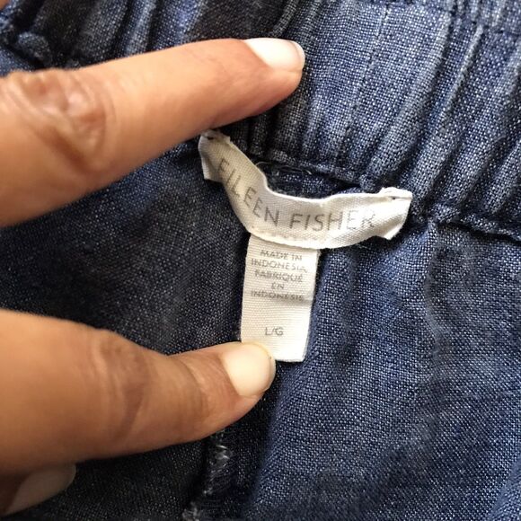 Eileen Fisher Chambray Blue Organic Linen Casual Pull Cropped Pants L - Picture 9 of 9